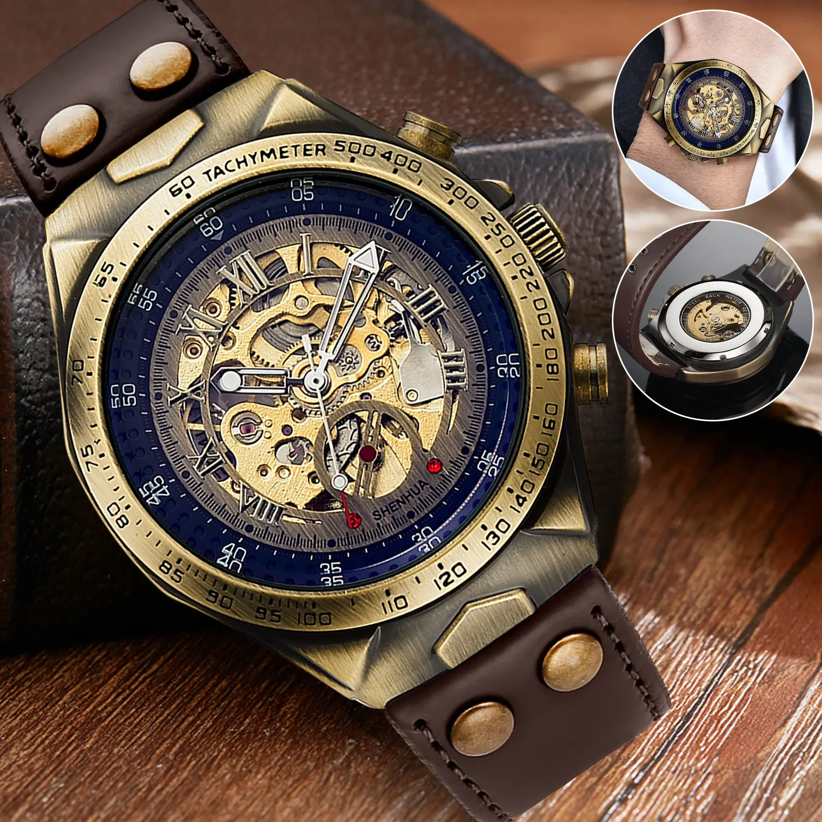 Men's High Quality Automatic Mechanical Statement Watch - Skeleton Face, Gold-Accented, Retro Classic Design Fashion Accessory, Waterproof Wristwatch Gift for Men, High Quality Watch, Gold-Accented Wrist Watches
