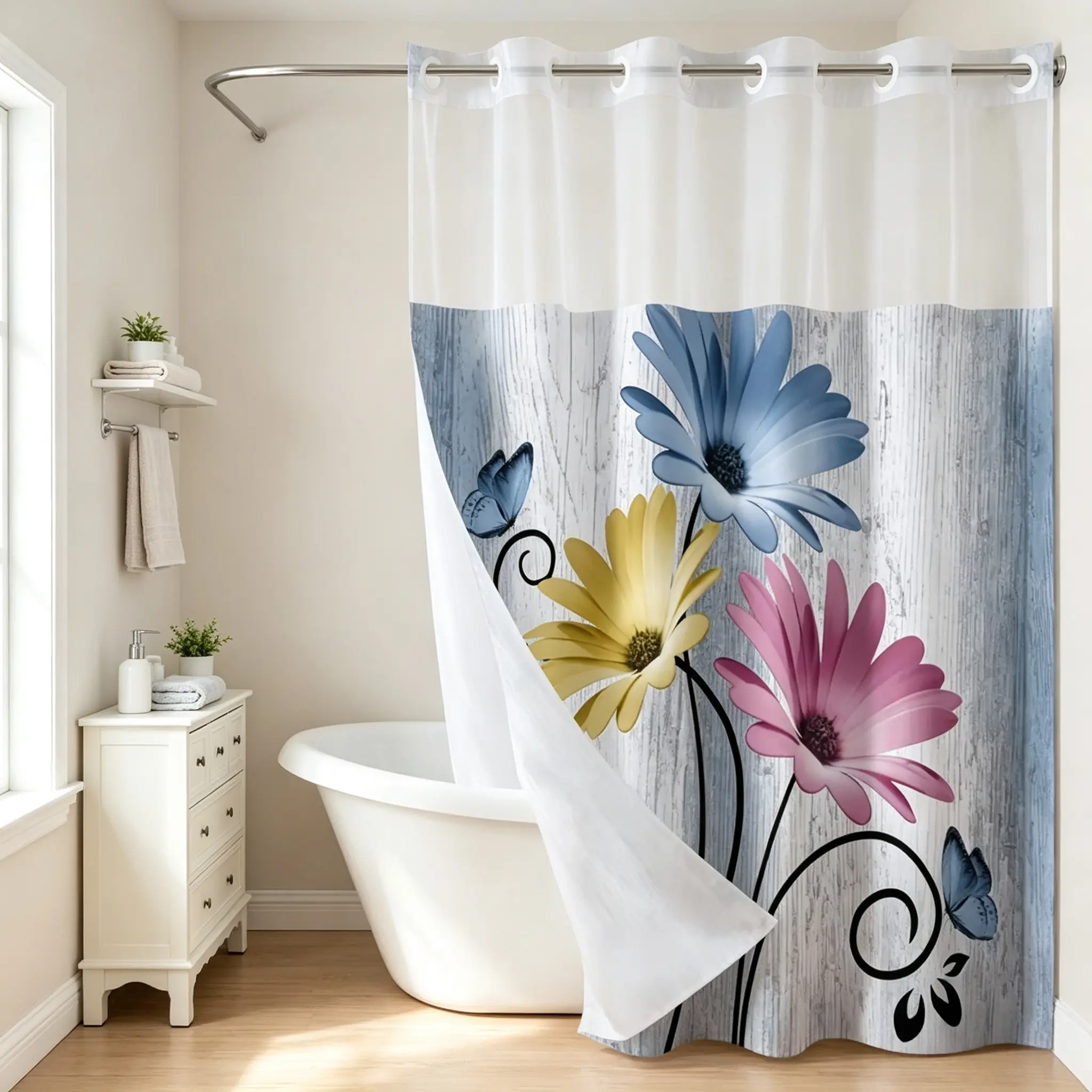 Hookless Floral Print Shower Curtain - 72×75 in Translucent Multi-Color Flowers Design, Hookless Install, Straight Rod Compatible, Easy-to-Install, Waterproof, Washable, Ideal for Bathrooms