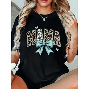 Plus Size Women's Graphic T-Shirt - Leopard Print MAMA Design with Teal Bow & Butterflies, Loose Fit Short Sleeve Round Neck Casual Tee for Spring Summer Fall, Machine Washable, Ladies T Shirts, Comfortable Clothing, Bold Print Sh