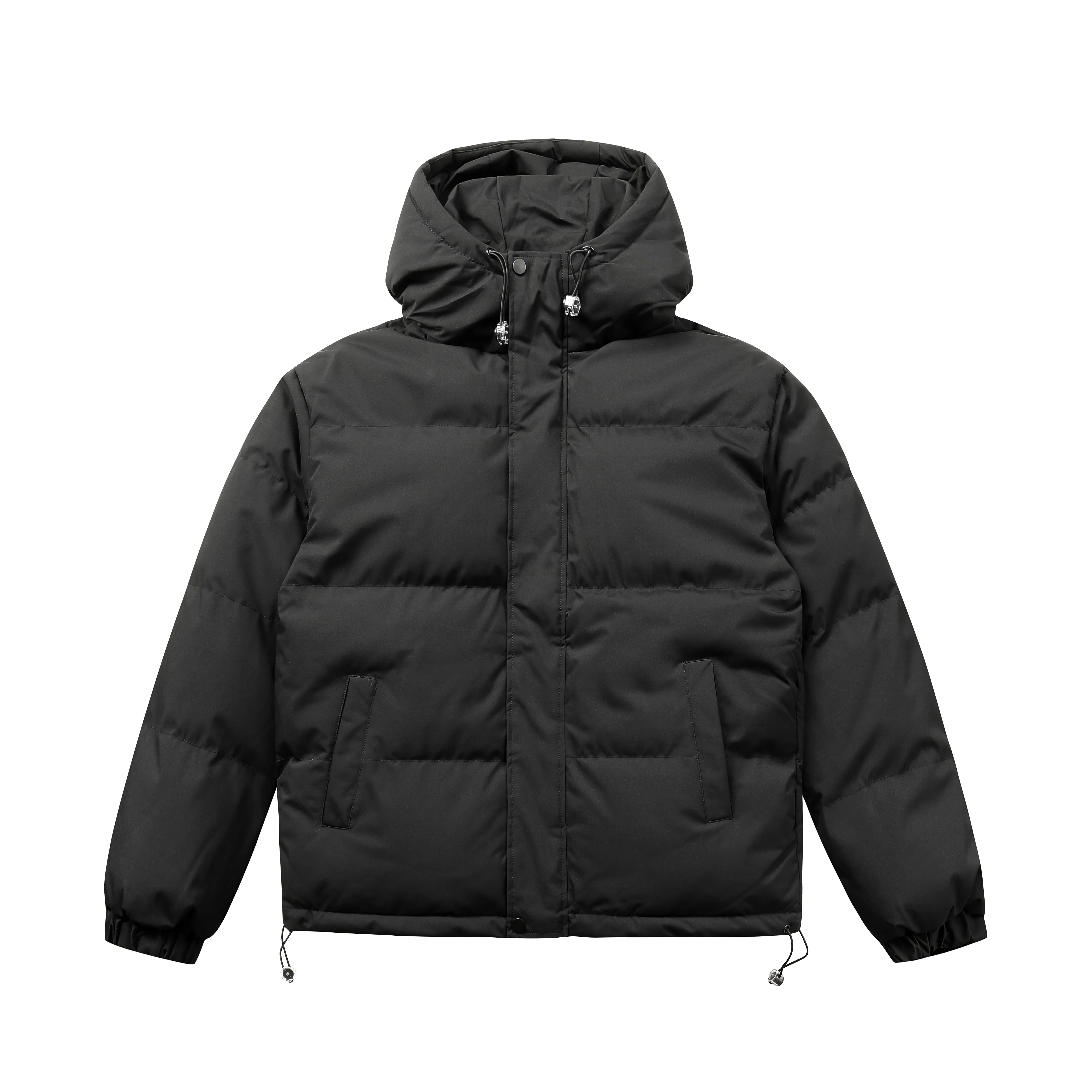 Men's Oversized Streetwear Hoodie Puffer Jacket - Solid Color Polyester Winter Coat with Thick Zipper, Patch Pockets