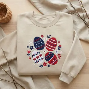 Patriotic Easter Eggs Embroidered Sweatshirt, Red White Blue Easter Shirt, Spring Floral Egg Design,Cute Spring Holiday Pullover, American Flag Inspired Easter Outfit Sweater, Cozy Spring Patriotic Bunny Season Gift
