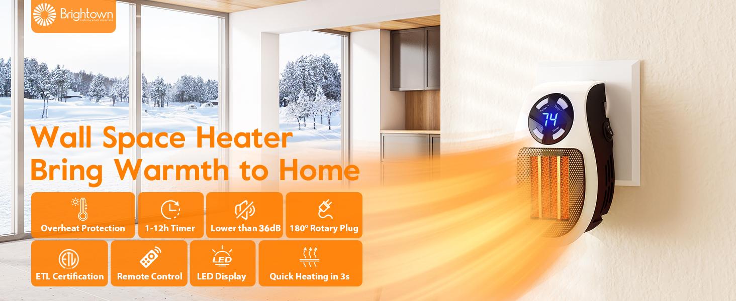 Brightown Wall Plug In Heater 450W Portable Outlet Heater with Remote Control Clear LED Display Adjustable Thermostat 12H Timer for Indoor Use Bathroom Office