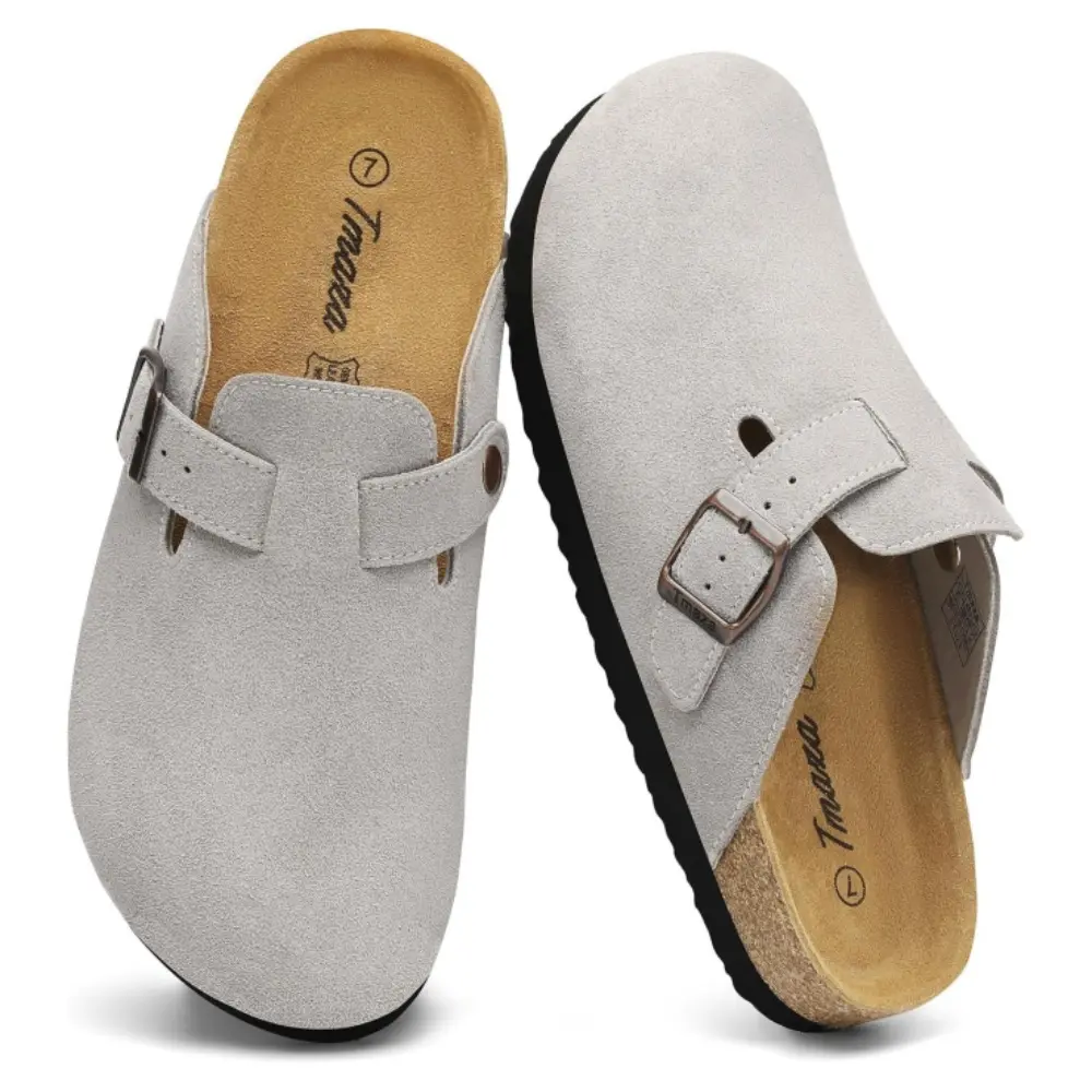 Women's Flat Cork Footbed Suede Clogs - Memory Foam Orthopedic Walking Footwear with Arch Support for Gym Use, Walking Shoes