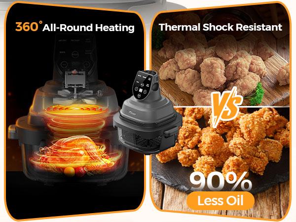 1500W 5-in-1 Glass Air Fryer Non-Toxic - 4Qt Pot+6Cup Container with Lid & Dust Cover, Portable Smart Kitchen Appliance Silicone Pad Included