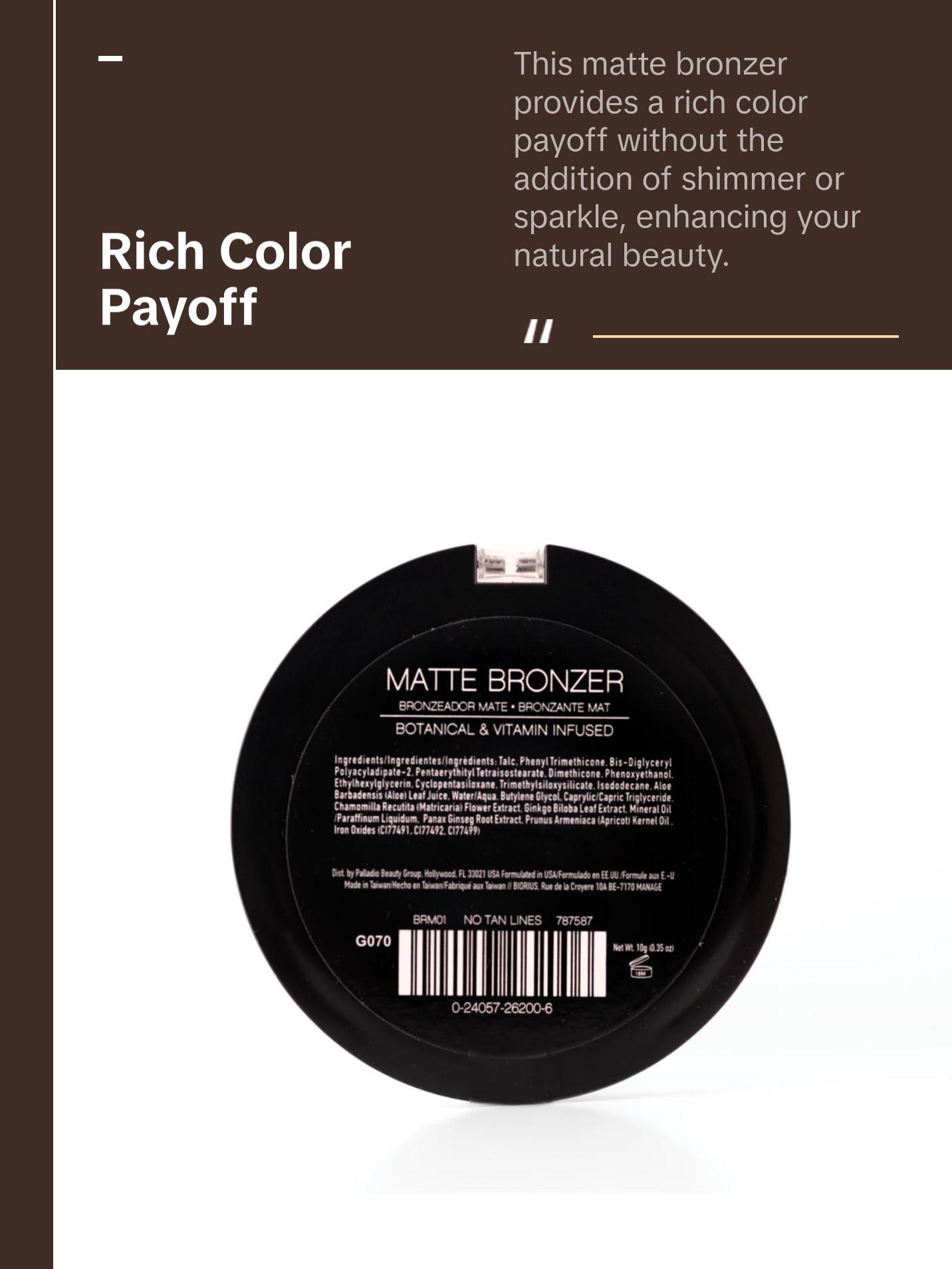 Palladio Matte Bronzer - Nourishing Makeup for Smooth Skin with Shimmering Finish