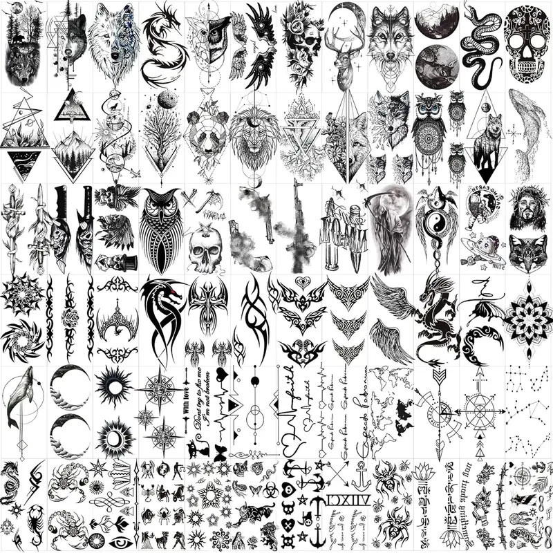 72 Sheets Tiny Temporary Tattoos Stickers, Fake Tattoos That Look Real And Last Long, Halloween Tattoos Include Black Scary Wolf Lion Tiger Skeleton Skull Tattoos