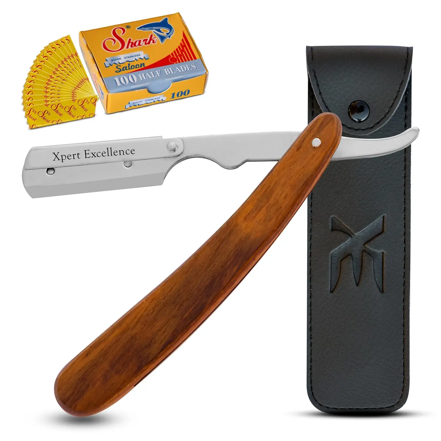 XE XPERT Excellence Straight Edge Safety Razor Set for Men - Professional Durable Stainless Steel Cut Throat Razor, Lightweight Wooden Handle, 100 Blades, Smooth Shaving Tool, Pouch, for All Skin Types, Safety Razors