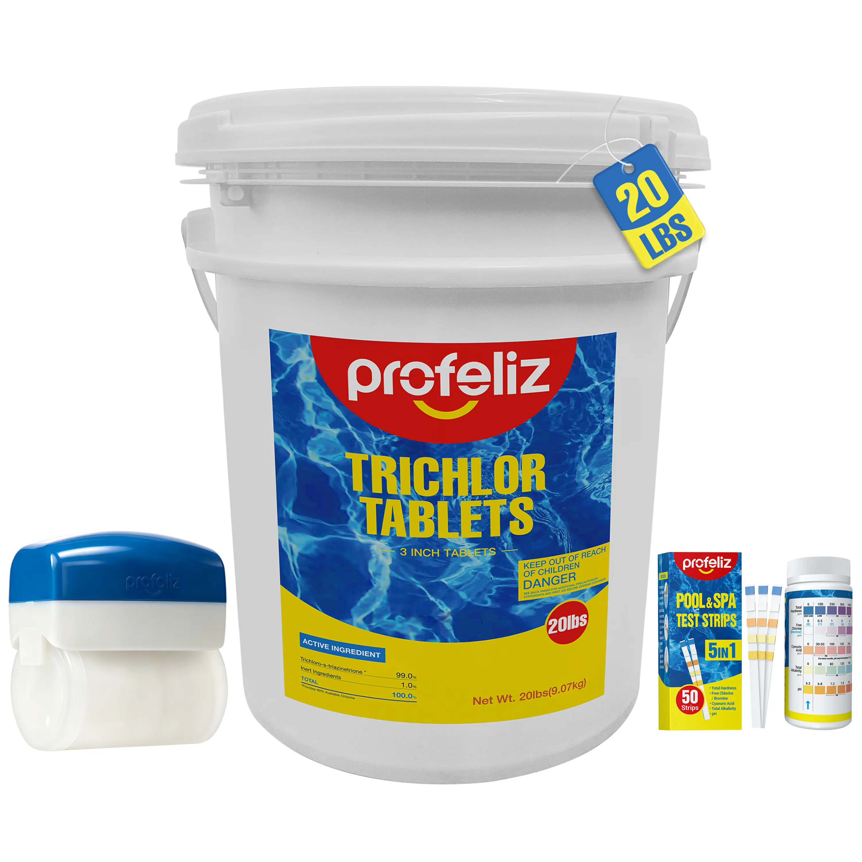 PROFELIZ 3 Inch Chlorine Tablets 20lb,40lb, 5-in-1 Test Strips & Compact Dispenser Kit | 99% Trichlor Slow Dissolving Pool Chemicals with Exclusive Floater for Inground & Above Ground Pools