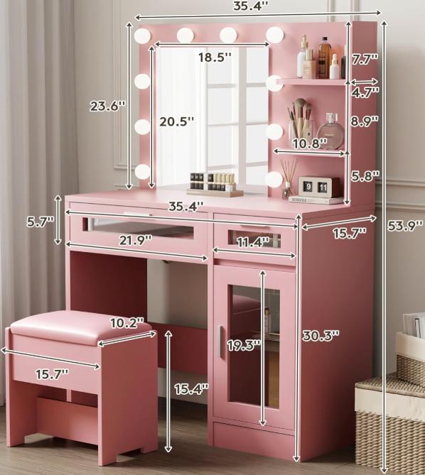 WeCharmer Vanity Desk Set with Square Mirror, 23.62''D x 15.74''W x 53.93''H, Includes 2 Drawers, 3 Storage Shelves & 2 Closed Storage Dividers Furniture Bedroom Modern Table White Organization Aesthetic Design Minimal