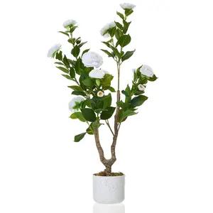 Garvee 2-piece set artificial camellia tree (75/85/90/110/120 cm), artificial camellia plant with 16/20/24 flowers, artificial potted plant for home, front door, indoor and outdoor