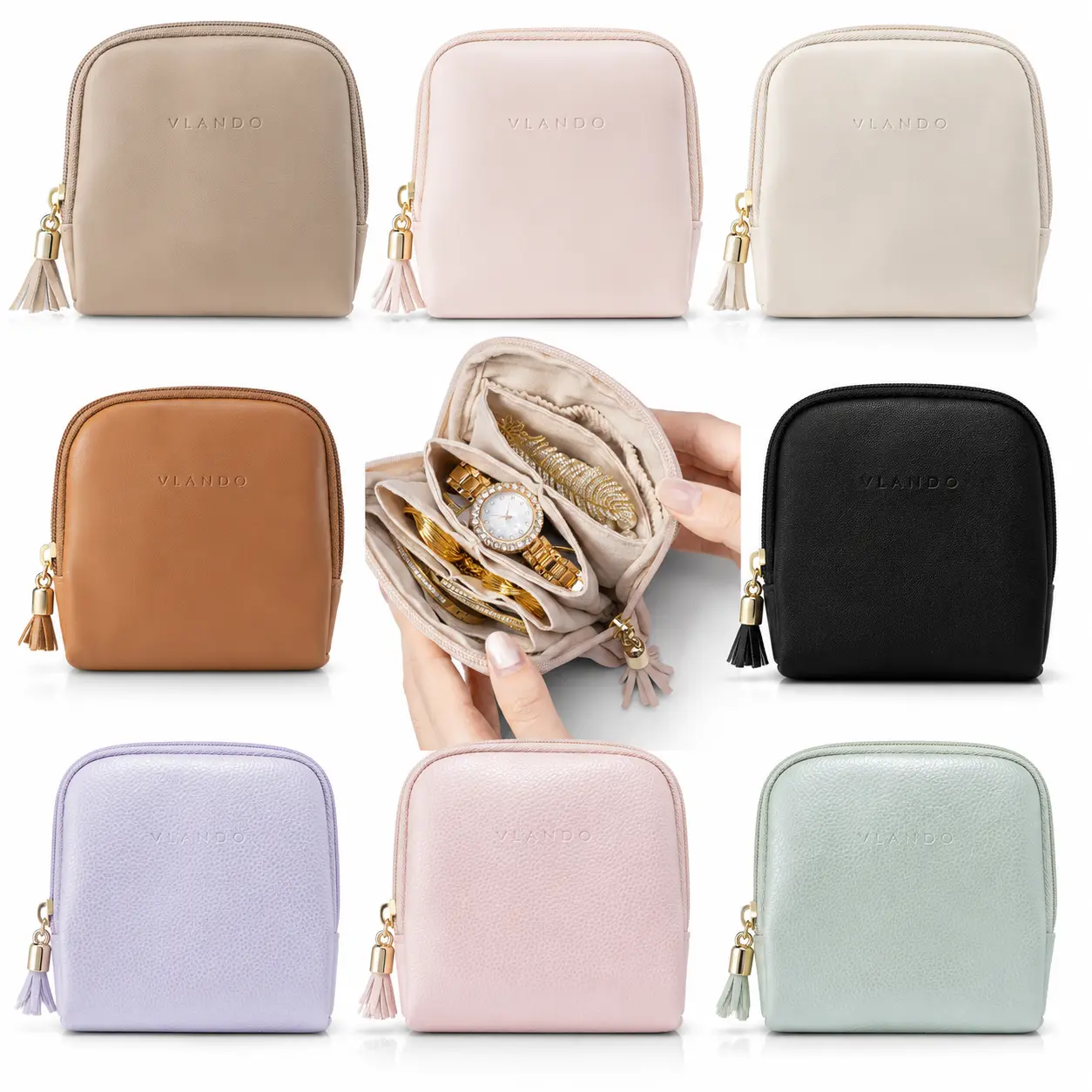 vlando Small Jewelry Travel Case for Women, Portable Jewelry Pouch with 3 Velvet Zipper Bags, Mini Organizer for Rings, Earrings and Bracelets, Boxes, Jewelry Storage Unit Beauty Essentials Elastic Bands summerwins,dorm essentials,home decor