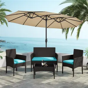 Costoffs 4-Piece Outdoor Reception Set with 1/2-Seat Sofa 2 Single-Seat Sofas & Coffee Table Patio Rattan Furniture Tempered Glass Top Cozy Garden Seating