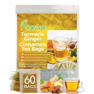 Turmeric Spice Tea: Turmeric, Ginger, Cinnamon. 100% pure natural powder, dairy-free and sugar-free. Vegan formula, gluten-free, keto-friendly, caffeine-free. 60-count herbal remedy tea bags, value pack, bursting with tea aroma.