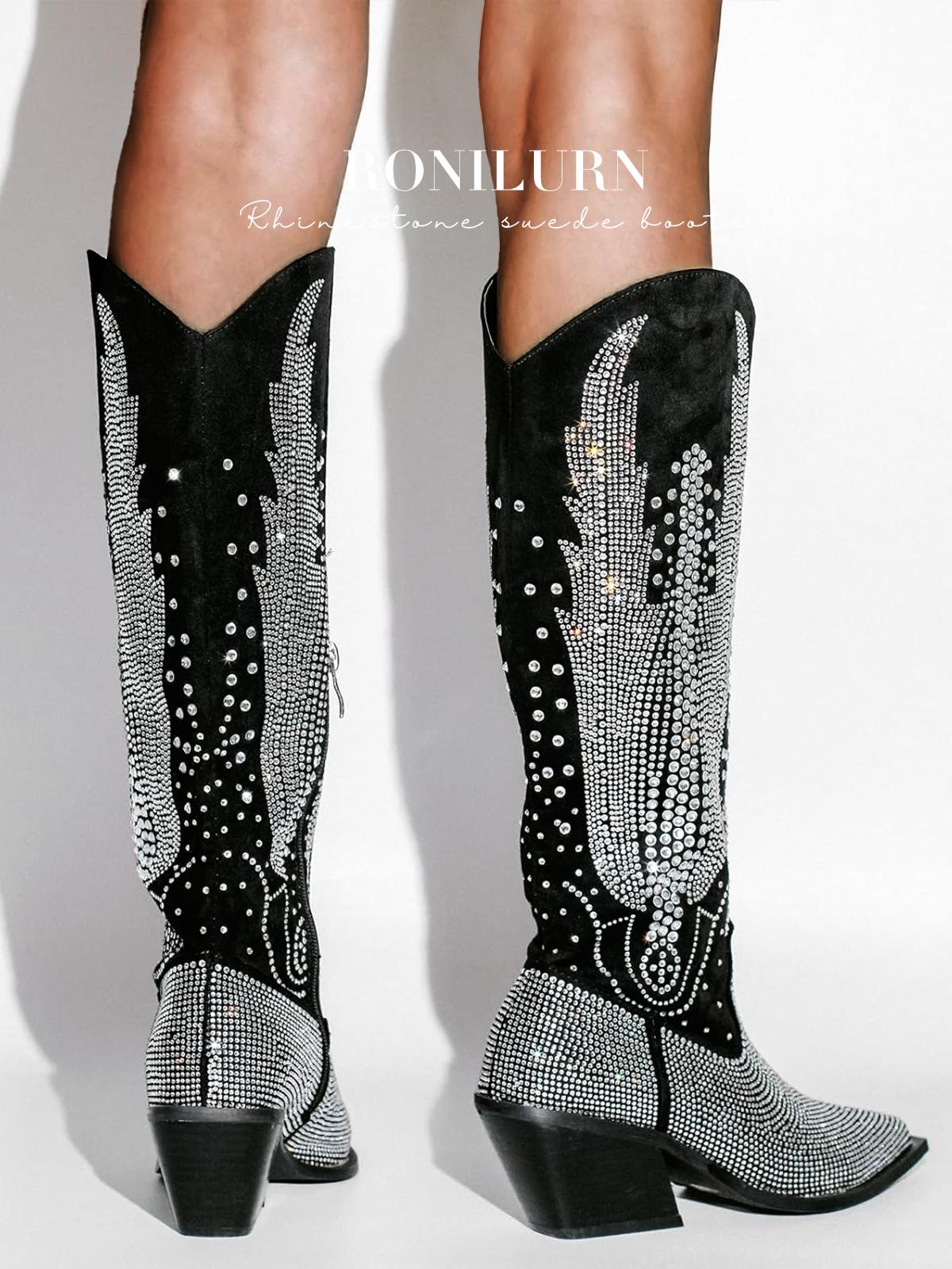 RONILURN Knee High Cowboy Boots for Women Cowgirl Western Boots Rhinestone Bling Pointed Toe Chunky Heel Pull On Fashion Shoes Tall Black Boot dream boots