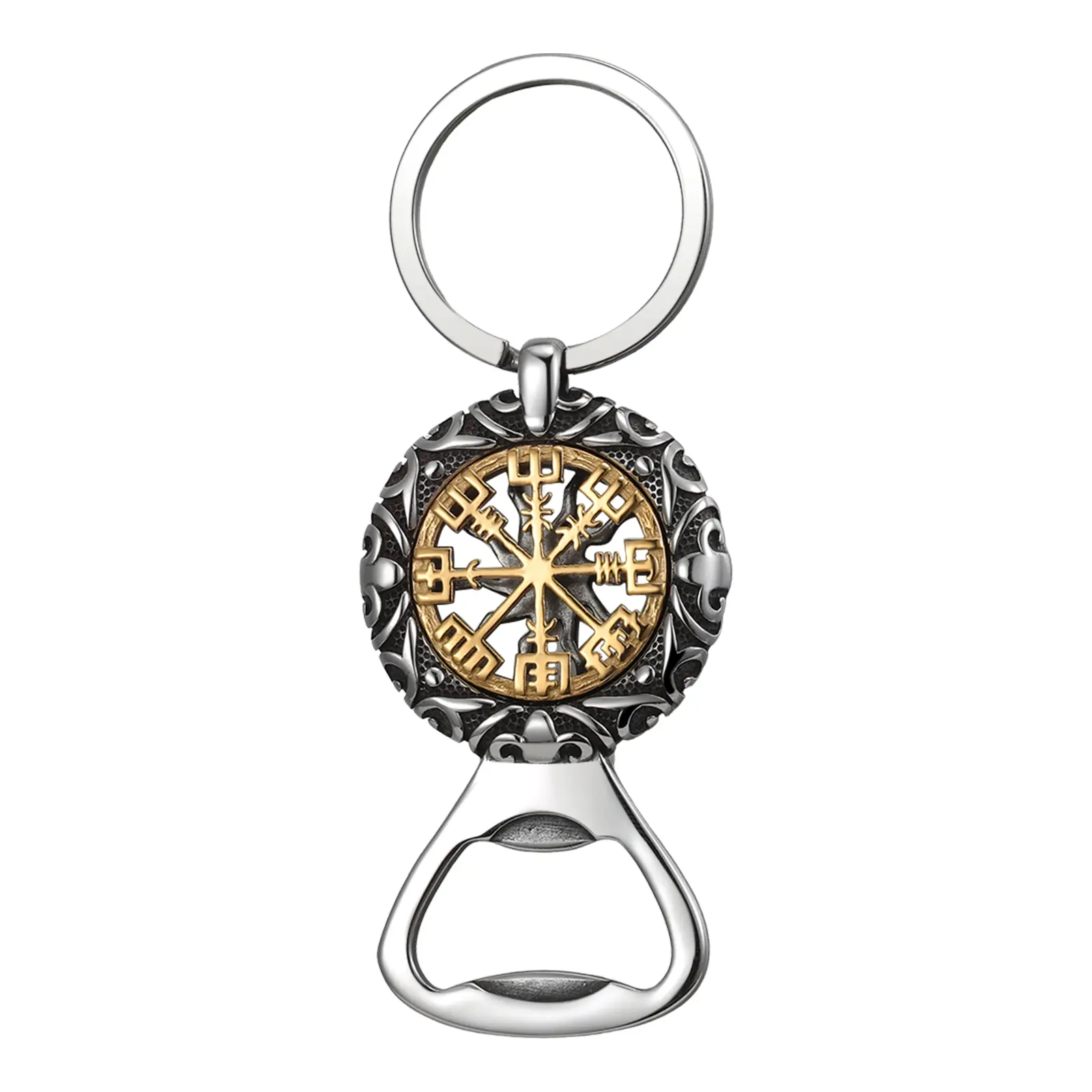 OIDEA Men's Stainless Steel Viking Compass Keychain - Vintage Norse Rune Bottle Opener, Corrosion Resistant Casual Male Wear Accessory, Everyday Use Amulet Gift (1.21 oz, 1.33" (3.4cm) W, 3.54" (9cm) L)