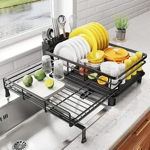SNTD Dish Drying Rack - Extendable Dish Rack, Large Sink Drying Dish Drainer for Kitchen Counter, Stainless Steel Dish Strainer with Utensil Holder