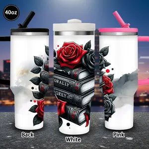 1pc 40oz Black and Red Rose Stacked Books Tumbler with Lid and straw, Winter Insulated Travel Mug, Gift for Women Men, Ideal for Valentine's Day, Birthday Gift, Coffee Cup for Office
