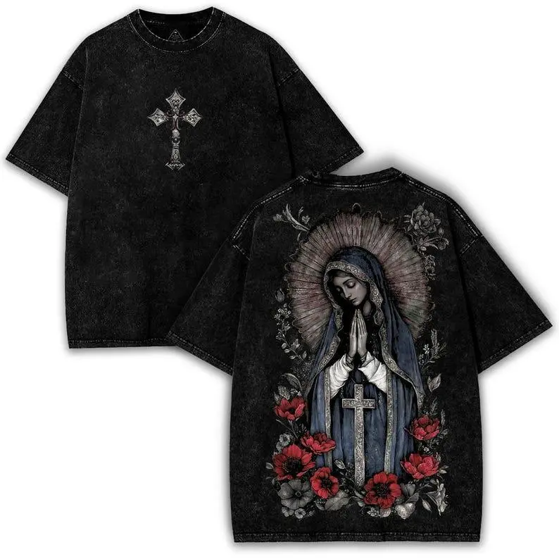 Virgin Mary Graphic T-Shirt, Black Heavy Cotton, Gothic Streetwear