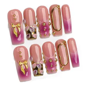 PG17 Blossom Royale | LIVE SPECIAL | Handmade Long Square 10 PCS 3D Acrylic Gel Press-On Nails | Reusable, Long-Lasting, Salon-Perfect Finish