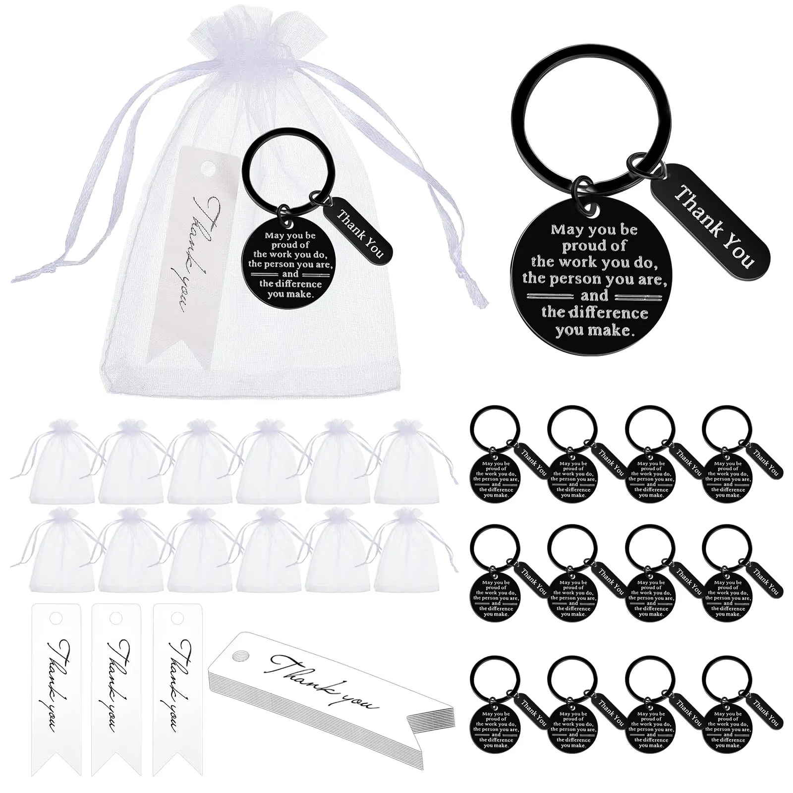 Bulk Keychain Gift Set, 36-Piece Inspirational Pack with Stainless Steel Keychains, Thank You Cards & Organza Bags for Coworkers