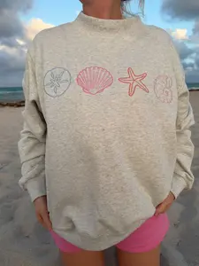 Oat Milk Grey Seashell Embroidered Mockneck Sweatshirt 100% Cotton