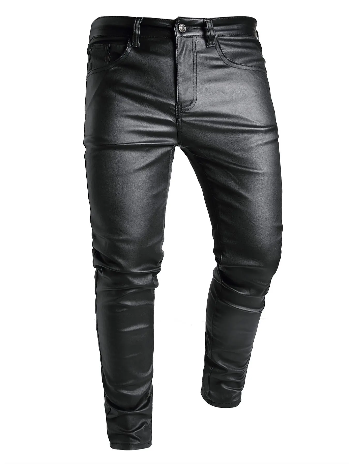 Men's Solid Color PU Leather Pants, Street Fashion Comfy Pocket Trousers for Daily Wear, Men's Tight-Fitting Bottoms for All Seasons, Casual Skinny Pants, Streetwear, Casual Fashion Fitted