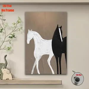 2D Flat, 2D Flat, 2D Flat 1pc 2D Flat, Frameless Canvas Artwork Featuring a Horse Alongside a Black And White Horse.This Mixed Media Painting Is Suitable for Decorating Living Rooms, Offices, Bedrooms, Schools	