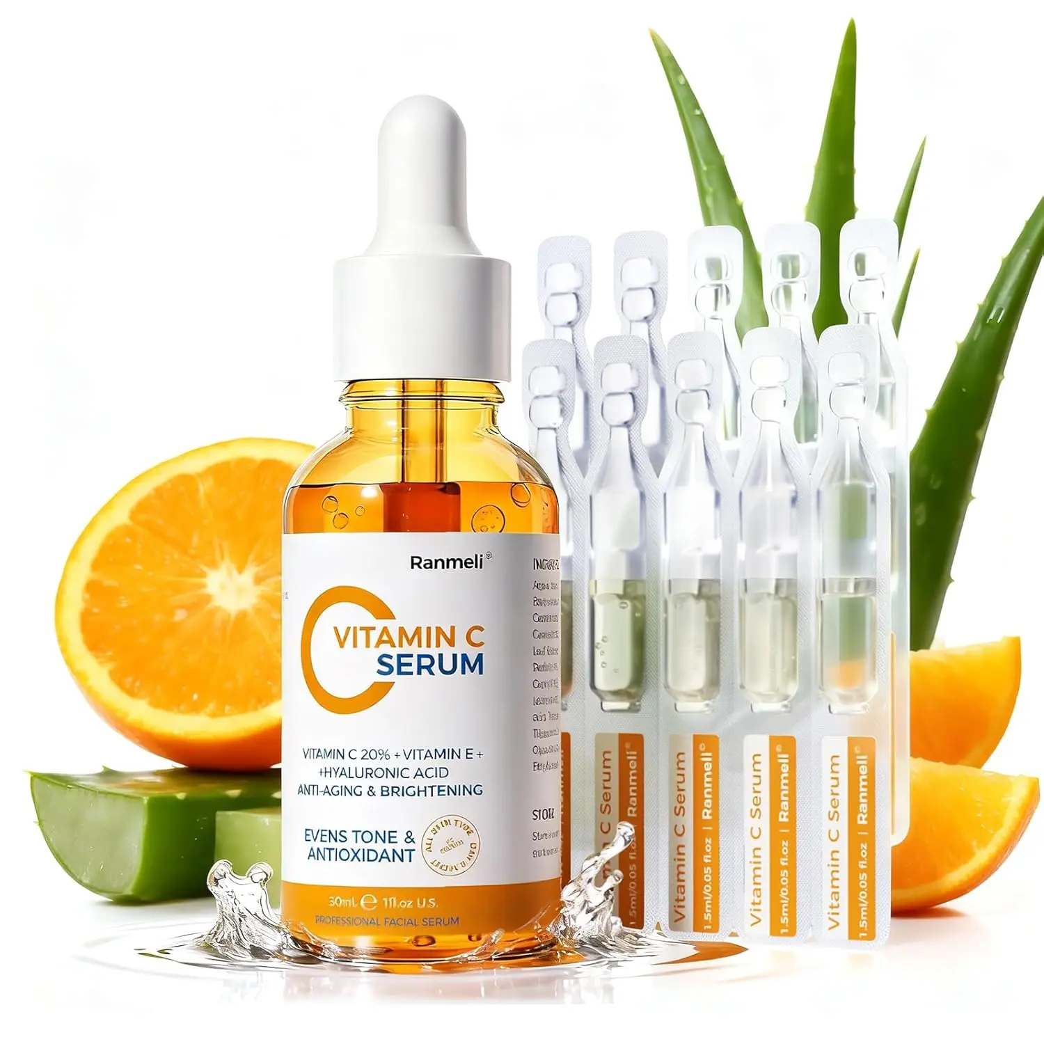 Ranmeli Glow Facial Serum with Hyaluronic Acid - Glow Up, Plump Skin, Boost Radiance, Remedy for Dark Spots, Lightweight Daily Hydrating Face Care, Smooth & Refreshed Look, Suitable for All Skin Types, 1 fl.oz + 0.05 fl.oz x 10
