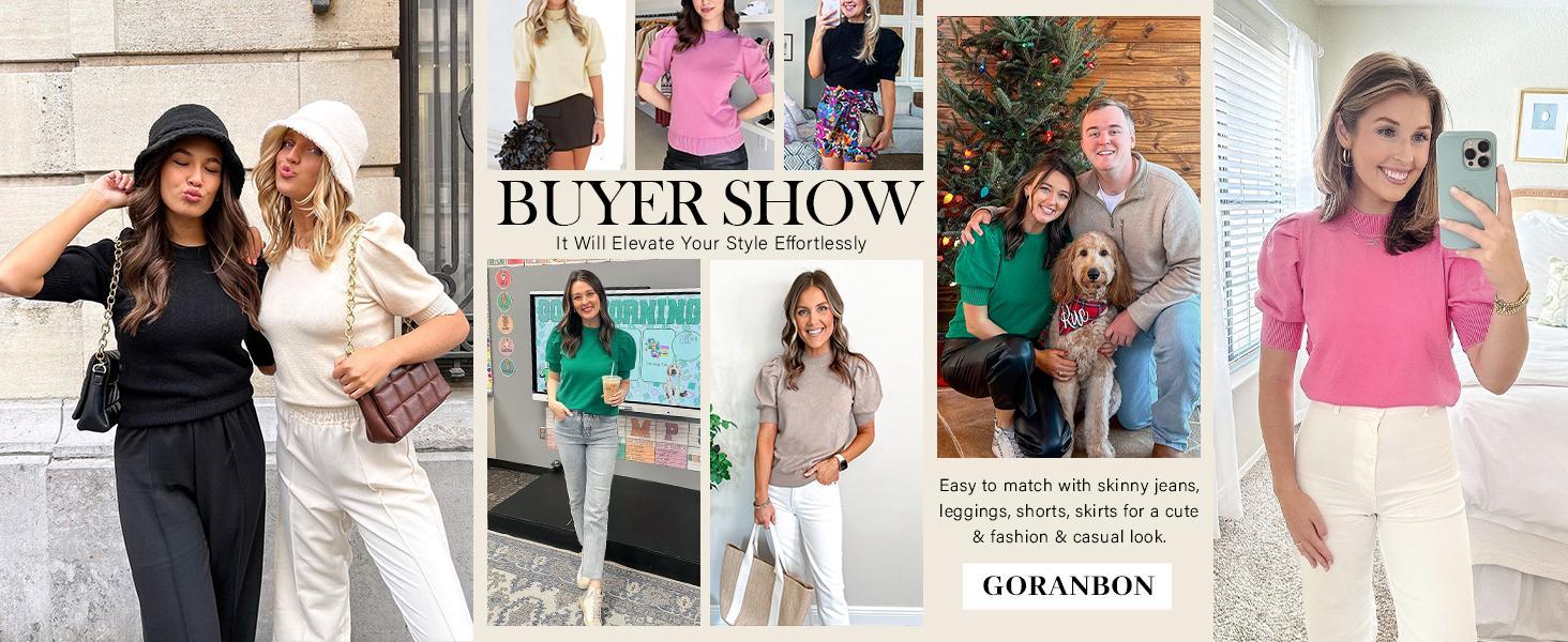 Imily Bela Women's Puff Short Sleeve Sweater Tops Spring Summer Trendy Crew/Square/V Neck Casual T Shirts Blouses Knitwear Comfort Basic Minimalist