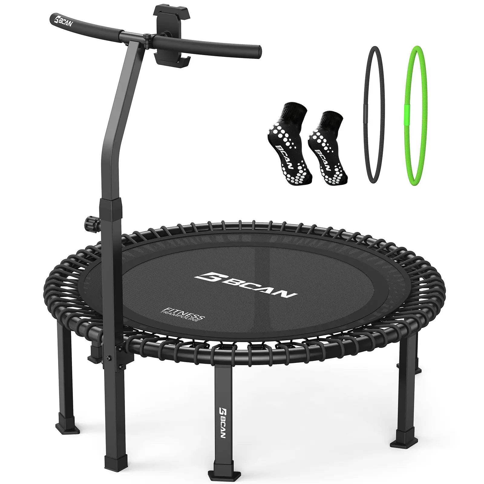 FED Fitness Bcan Series BT4 Bungee Trampoline,  BT4 40"/ 48" Soft Land Pro Adult Bungee Rebounder Trampoline, 500lb Capacity, Adjustable Tension Bungees, One-Piece Frame, Quiet Indoor Cardio w/Handle, Phone Holder & Socks