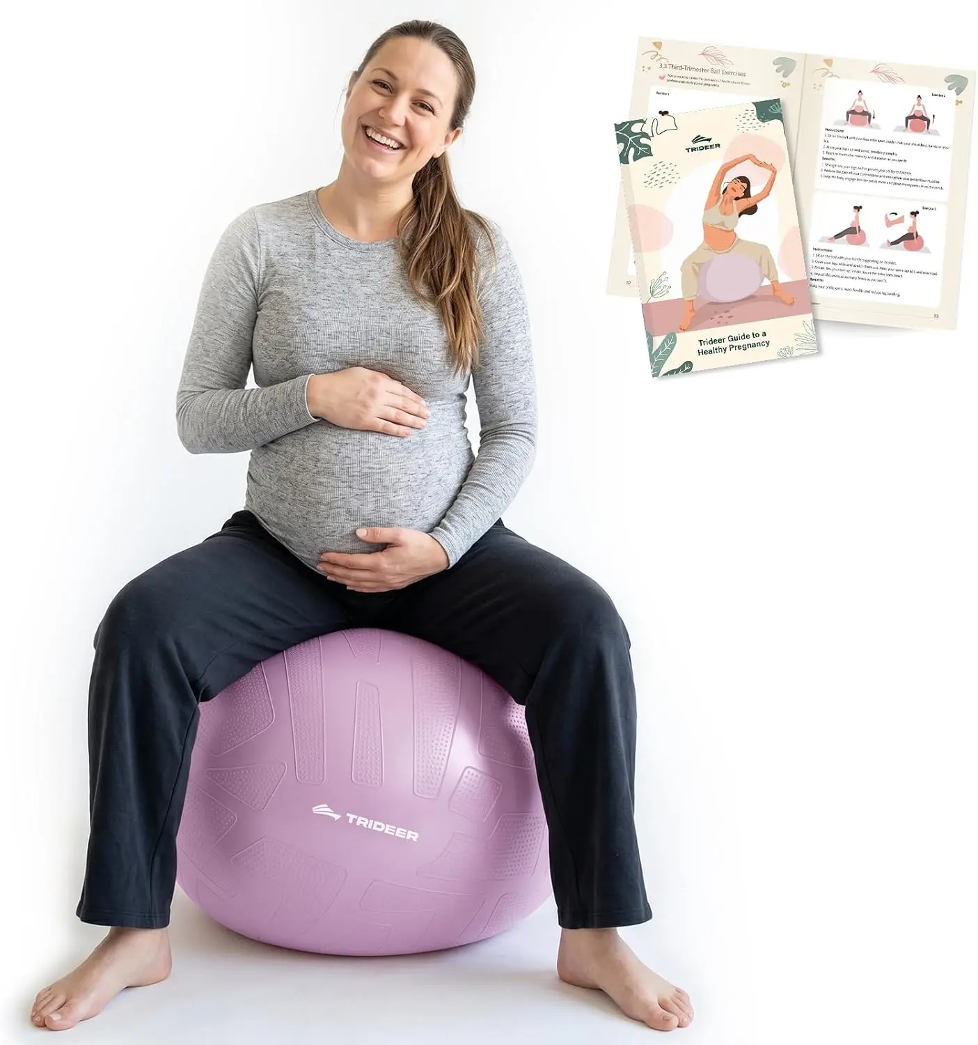 Trideer Pregnancy Ball Birthing Ball, 1.7mm Extra Thick Yoga Ball for Maternity, Labor Birth, Exercise, Physio, Recovery Guide & Baby Memory Book Included, 440LB Anti-Burst & Non-Slip Stability Ball