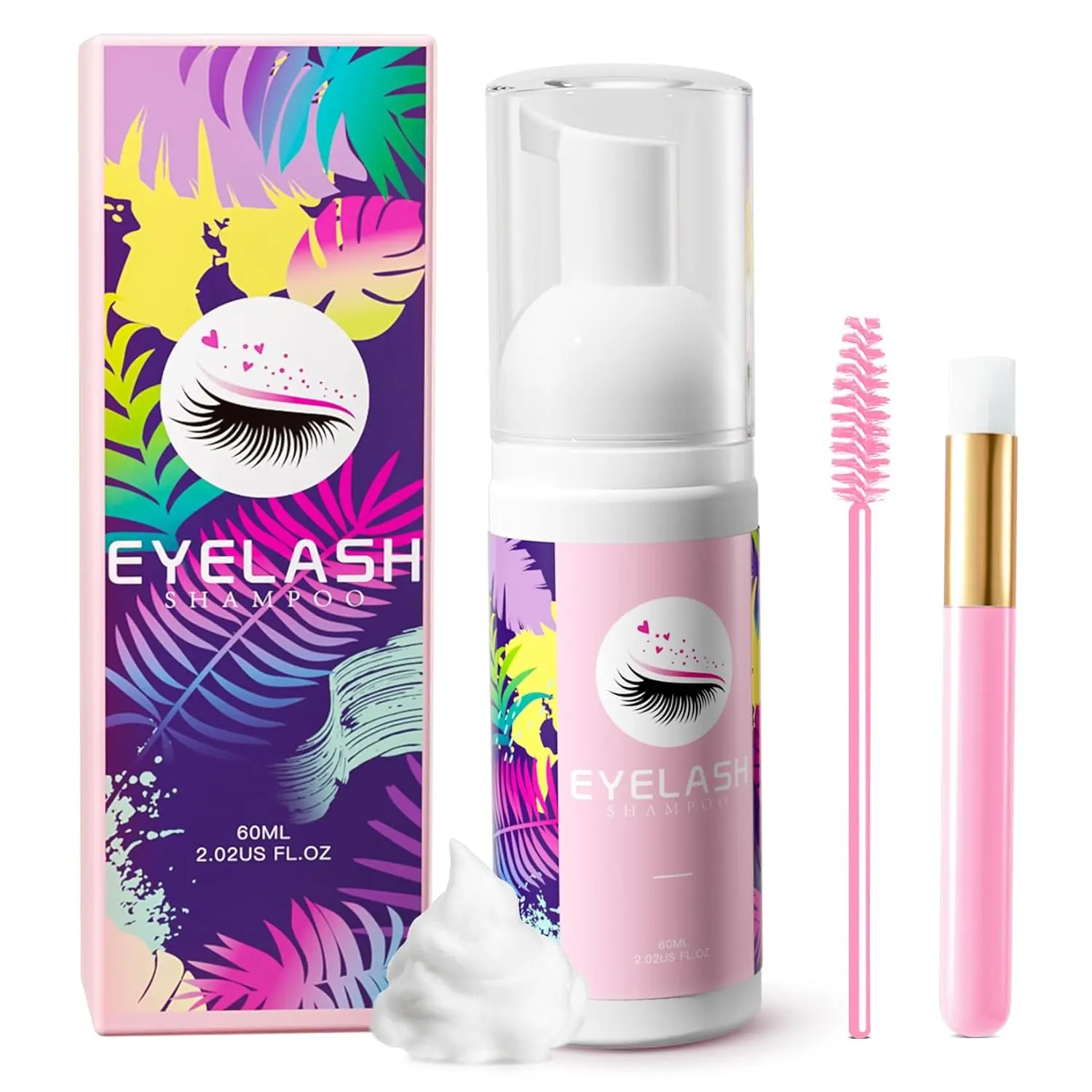 Halloween Gift Lash Shampoo for Lash Extensions, Lash Shampoo Cleaning Kit | 60ml Eyelash Extension Cleanser with Shampoo Brush, Mascara Brush, No Irritating Foame Eyelash Makeup Remover, Home Salon Use