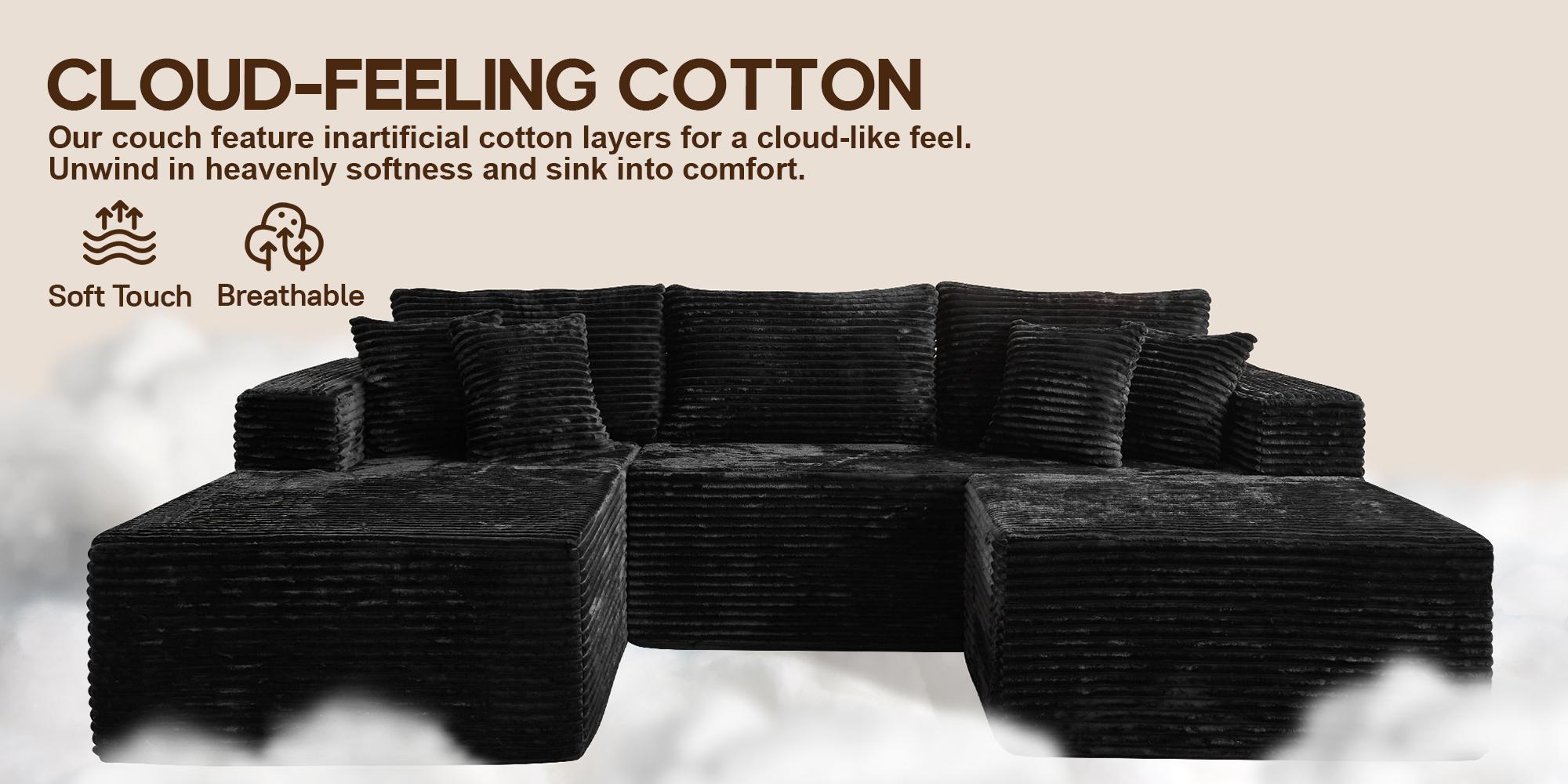 Modern 108" Boneless Couch Cloud Modular Sectional Sofa With Removable Ottomans & Chaise - Plush Corduroy , Deep Seat, Upholstered Couches, No Assembly Required for Living Room