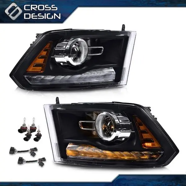 CROSSDESIGN 1 Pair LED Car Headlights - Durable Easy-Install Aftermarket Assemblies & Components for 09-12 Dodge Ram, Black Polycarbonate Plastic Shell Projectors, High Beam LED Bulbs, Daytime Running Lights, Bulb Harness