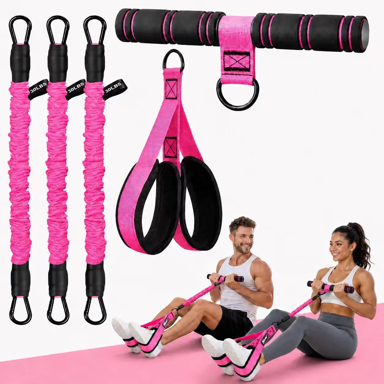 Pilates Pedal Resistance Trainer & Multifunction Tension Rope – Portable Exercise Equipment for Full-Body Home Workout & Total Body Training, Pedal Puller Resistance Band with Padded Straps for Exercise Sit-Up & Abdominal Training, Portable Stretch Band,,