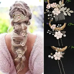 5PCS Bridal Wedding Hair Pins Crystal Pearl - Golden Hair Clips Suitable for Brides, Bridesmaids, Women, Girls - Pink Wedding Accessories for Updos, Prom, Valentine' Day - Elegant Hair Jewelry