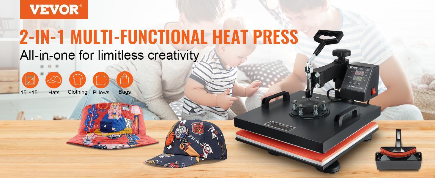 VEVOR 2-in-1 Heat Press Machine with Hat Press, 360° Rotation Flat-Curve Design, Digital Precise Control, Fast Even Heating for Clothing Printing, Fabric Printing, Sublimation, Black