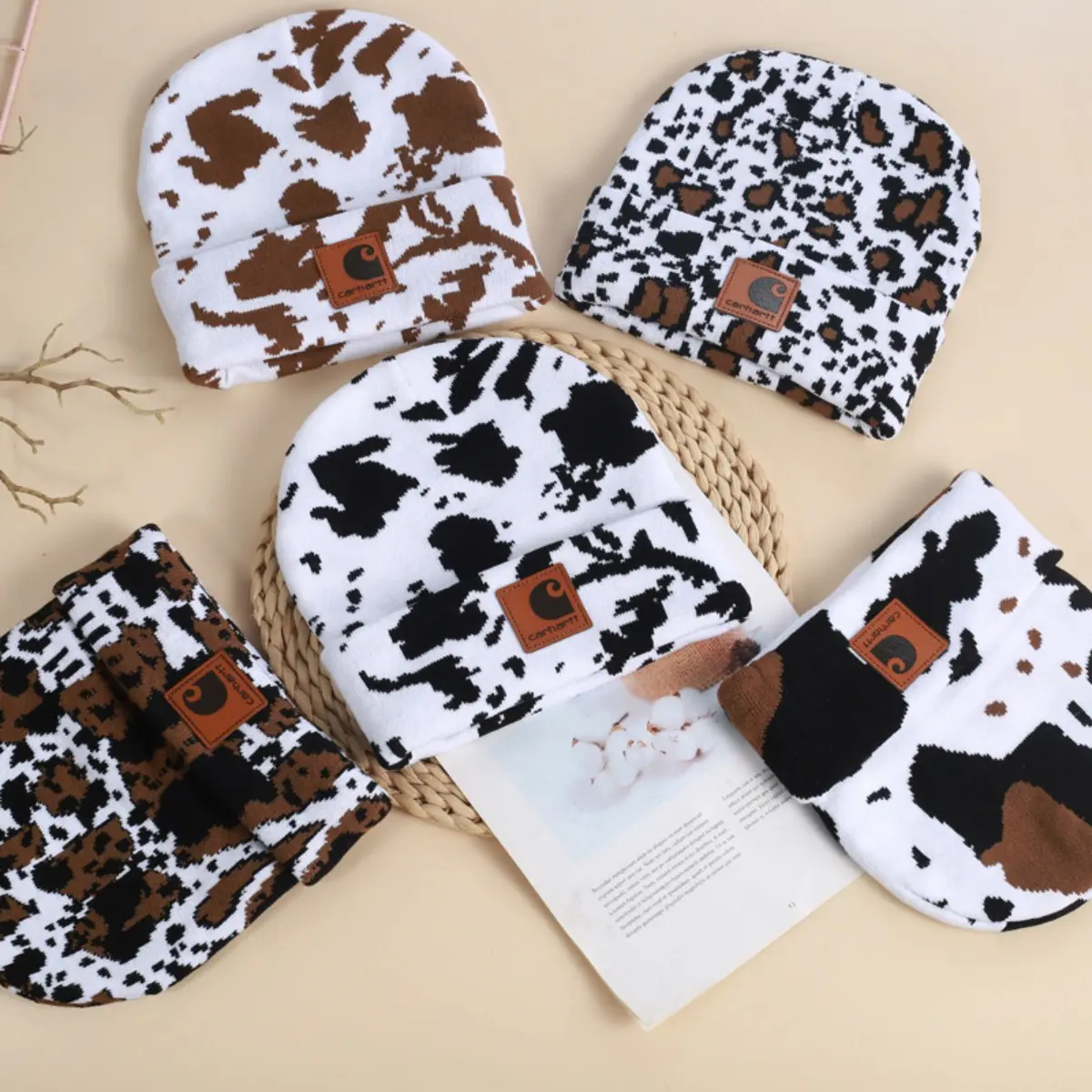 Carhartt Cow Print Leopard Plaid Knit Beanie, Warm Windproof Unisex Outdoor Leisure Winter Hat
