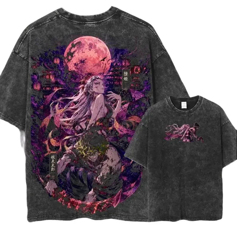 Men's Vintage Wash Demon Slayer Short-Sleeve T-Shirt - Daki & Gyutaro Graphic, Oversized, Soft, Casual Dark Anime Streetwear Menswear Merch, Shortsleeve