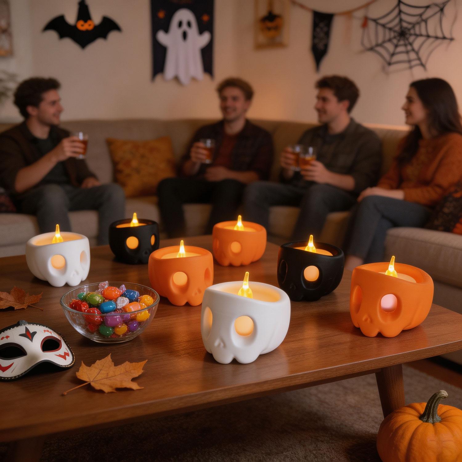 3D Printed Skull Tealight Candle Holder Set, Halloween Spooky Skeleton Candle Holders, Gothic Home Table Decor for Halloween Party Decoration
