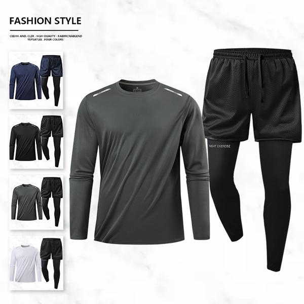 Men's Sports Two-Piece Set with Long-Sleeve Top & Breathable Mesh Shorts Quick-Dry Fabric Reflective Strips Drawstring Waistband for Enhanced Visibility fathersdaygift