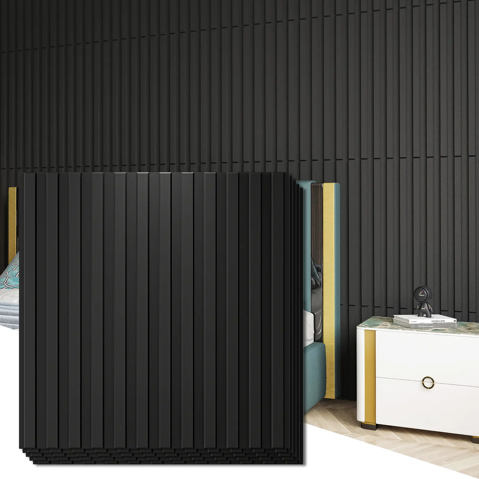 Art3d Black Textured PVC Square Slat Wall Panels with Decorative Geometric Molding - 12-Pack (12panel coverage), 19.7"x19.7", 32 Sq.Ft, 3D Depth Effect, Slat Texture, Wall Impact, DIY Contemporary Decor for Restaurants, Home Improvement Supplies