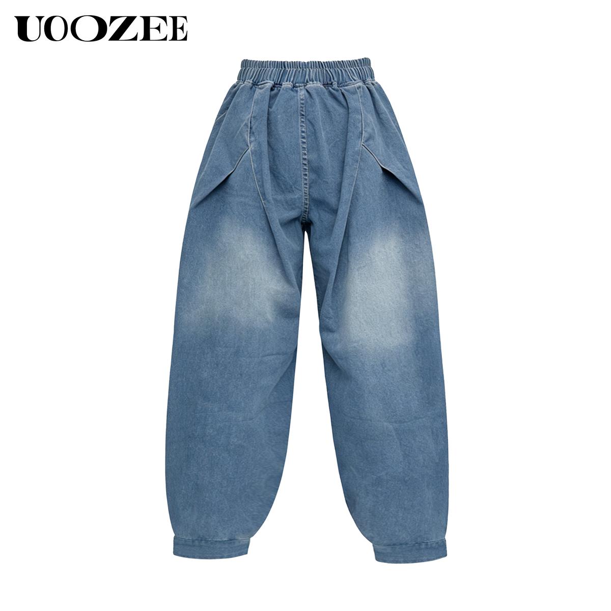 UOOZEE Women's Spring Autumn Boyfriend Style Retro Jeans Solid Color Oversized Loose Pleated Pockets Elasticity High Waist Lady Jean Pants Bottoms(Fits Larger at Waist - Check Size Guide or OrderOne Size Down) Casual stacked jeans baggy jeans