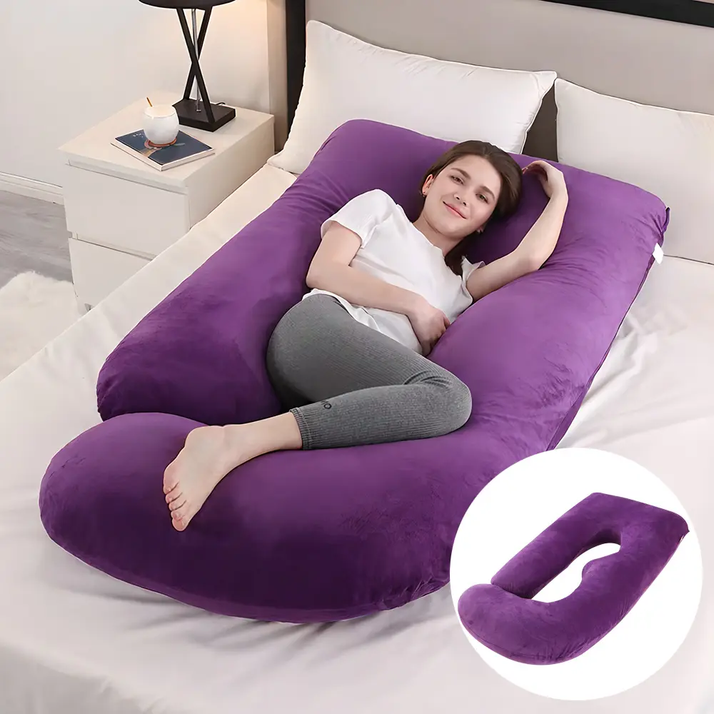 AmoridAge 60-Inch J-Shaped Maternity Body Positioner Pillow for Pregnant Women - Knit Breathable Velvet Cover, Removable Washable, Full Body Support for Back, Belly, Hips, Legs, Maternity Supplies