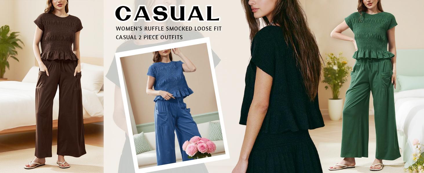SCUSTY Women's 2-Piece Smocked Top & Wide-Leg Pants Set High-Waisted Lounge Outfit with Pockets Casual Boho Matching Set Minimalist Basic Kleinblue Crewneck Clothes Suits Fitted Trouser