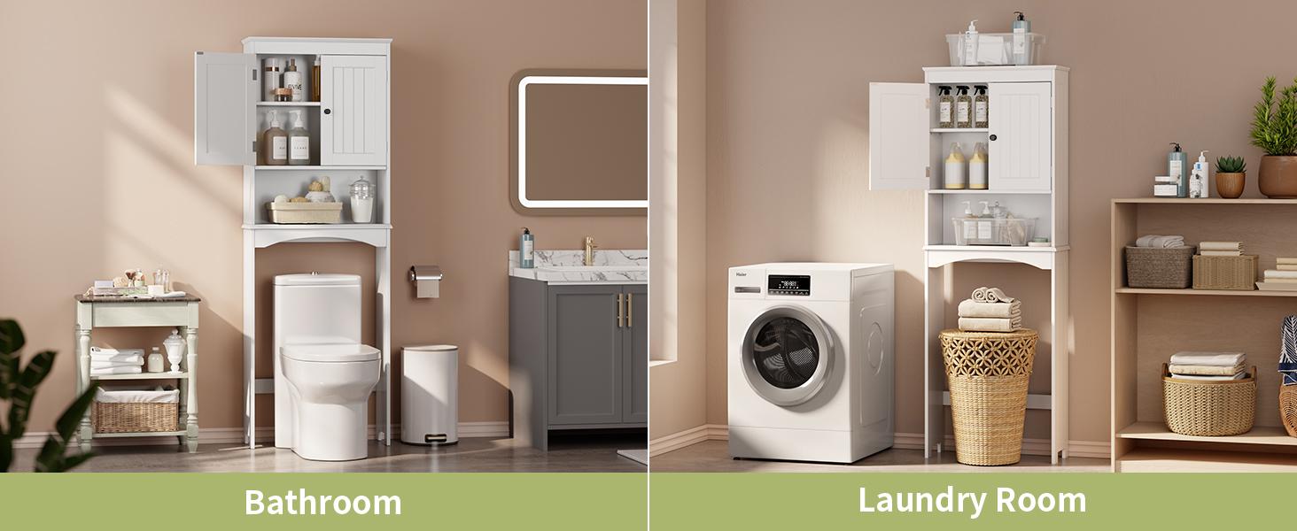 Gizoon Over The Toilet Storage Cabinet with Adjustable Shelf and Double Doors, Bathroom Space Saver Organizer Above Toilet with Open Shelf, Taller Wooden Free Standing Toilet Rack -White