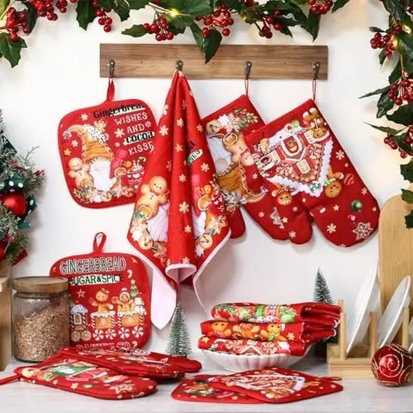12 Pcs Christmas Kitchen Towels Pot Holders and Oven Mitts Set 4 Gingerbread Man Dish Towels 4 Gingerbread House Oven Mitts 4 Candy Pot Holders for Xmas Home Cooking Dish Baking Decorative
