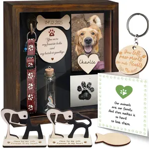 8.6'' Pet Memorial Shadow Box, Rustic Collar Holder Picture Frame, Paw Print Kit, Dog Wooden Sculpture, Pet Hair Fur Jar, Cat Memorial Keychain, Dogs Sympathy Card, Gift for Pet Lovers, Pet Memorial Gift Box