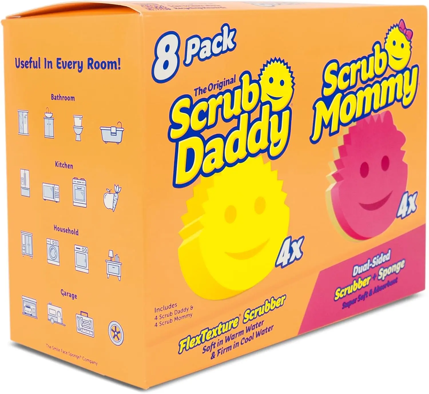 Scrub Daddy (4x) + Scrub Mommy (4x) Scrubber Sponges & Scouring Pads Pack - 8-Piece Kitchen Cleaning Tools for Stove, Clean Countertops with a Soft Touch - BPA-Free Eco-Friendly Polymer Foam, Scratch-Free, Stain & Odor Resistant Home Supplies, Kitchen Sur