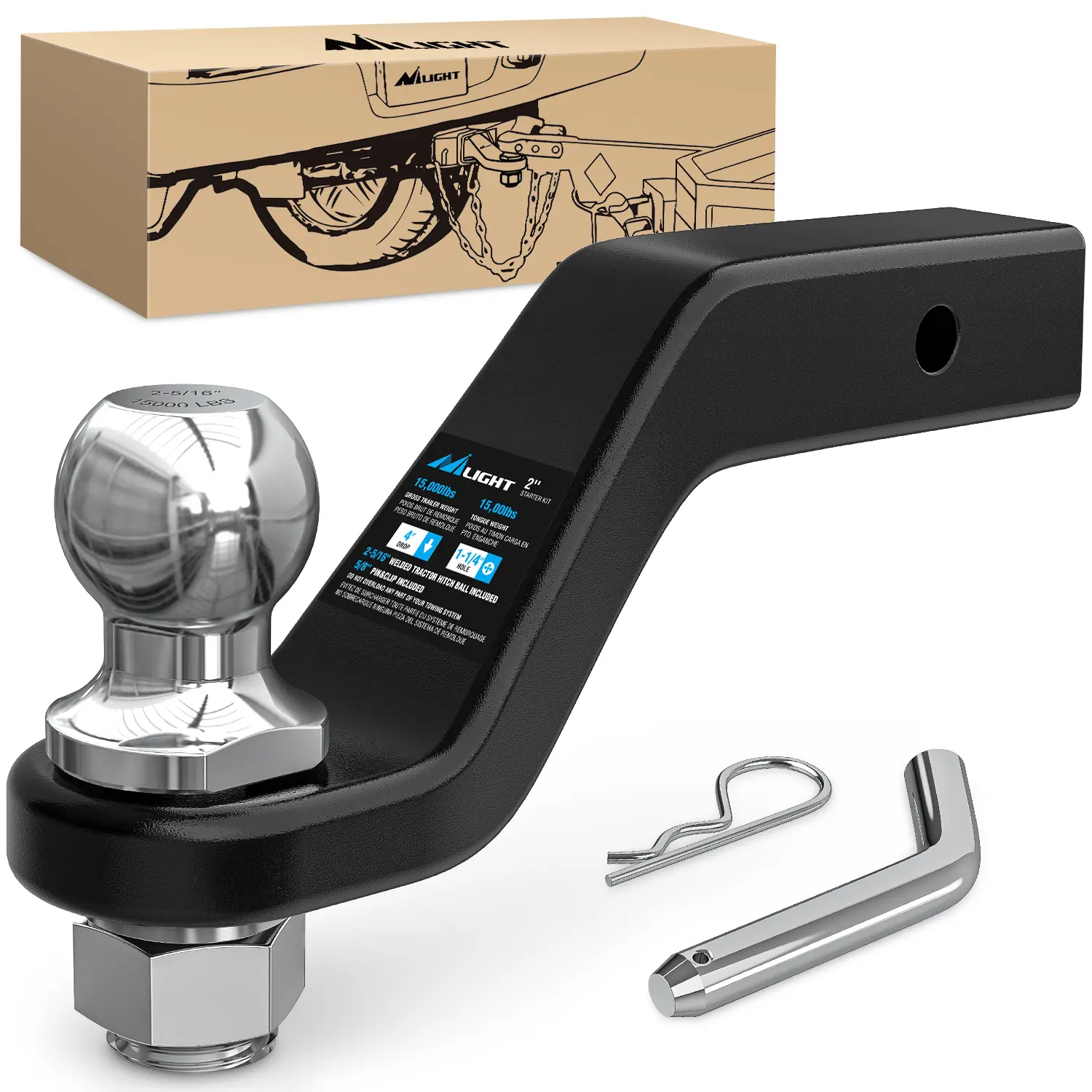 Nilight Forged Steel Trailer Hitch for Truck - 2-5/16" Ball, 2" Square Receiver, 5/8" Pin Clip, 15000 lbs Capacity, 4" Drop, 1-1/4" Hole, Gloss Black Powder Coat, Ideal for Towing Trailers, Hauling ATVs